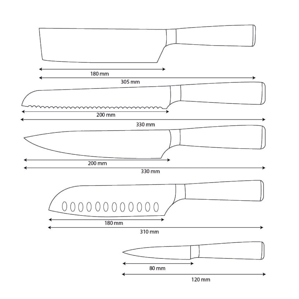 Shinrai Knives - Damascus Print Epoxy Sapphire 5-delige Messenset - Koksmes + Broodmes + Nakiri + Santoku + Schilmes