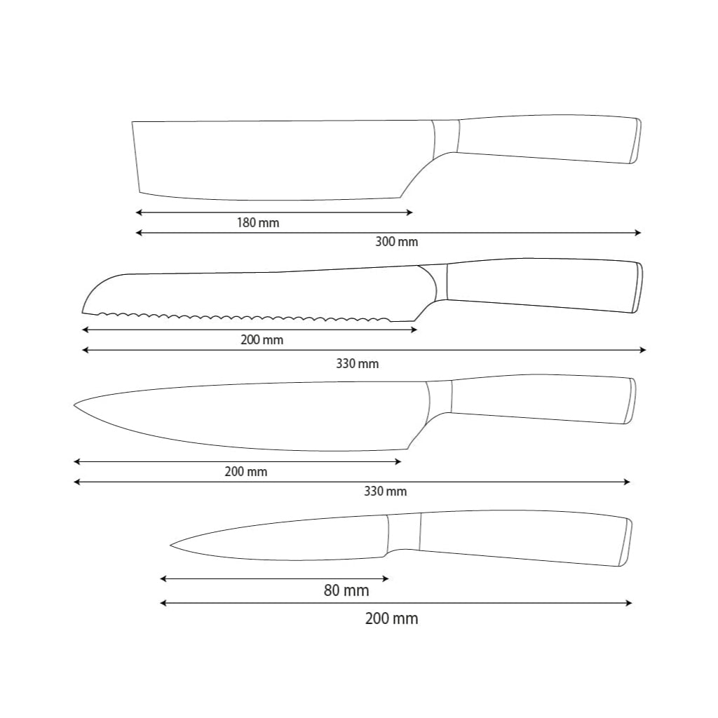 Shinrai Knives - Hammered RVS 4-delige Messenset - Koksmes + Broodmes + Nakiri + Schilmes