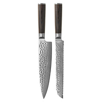 Shinrai Knives - Ensemble de 2 couteaux en damas martelé BR - Couteau de chef + Couteau à pain