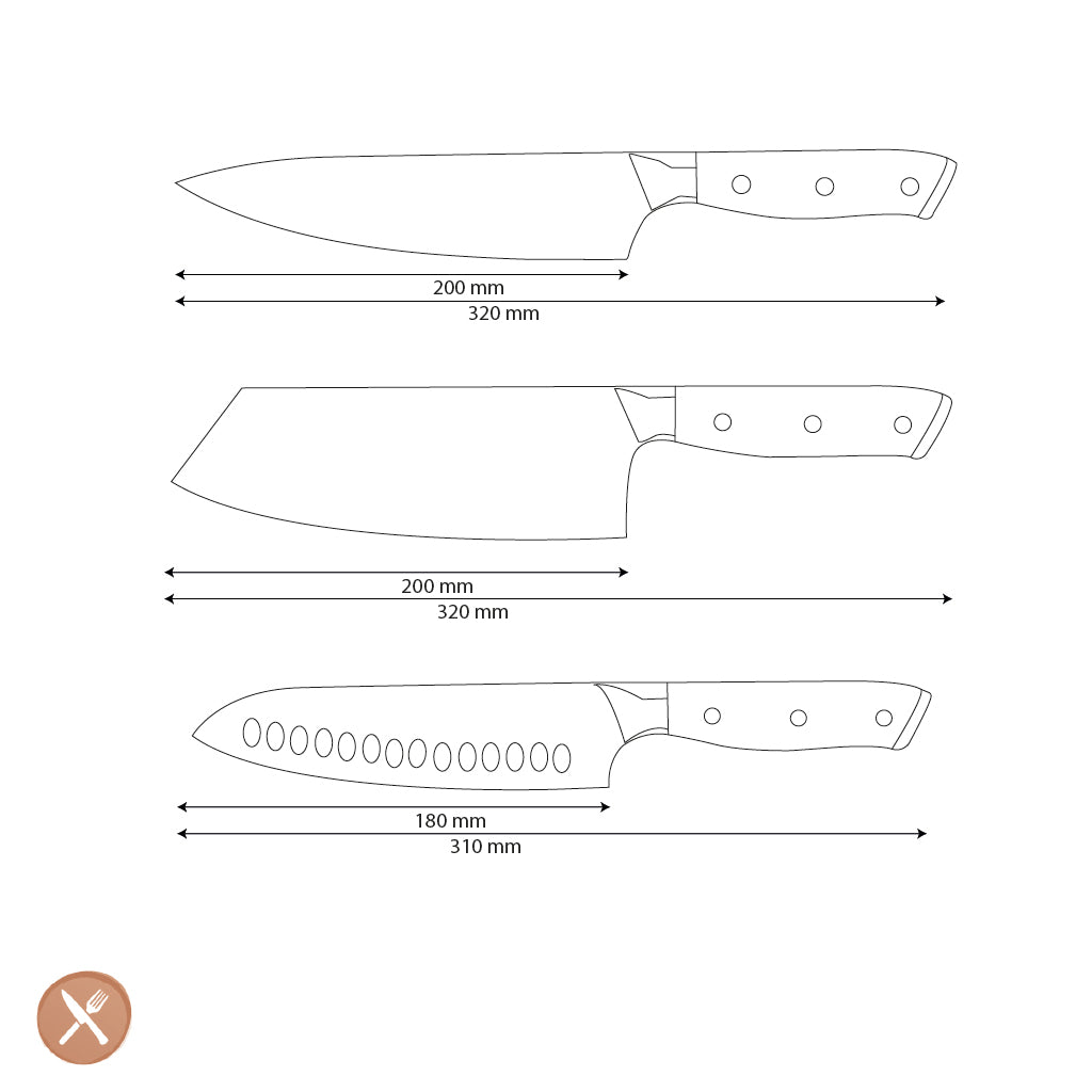 Shinrai Knives - Parelmoer Jewels 3-delige Damascus Messenset - Koksmes + Nakiri + Santoku