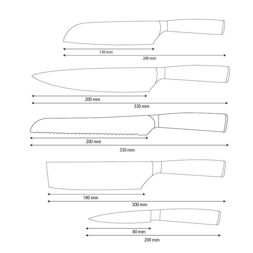 Shinrai Knives - Hammered RVS 5-delige Messenset - Koksmes + Broodmes + Nakiri + Kleine Santoku + Schilmes