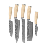 Shinrai Knives - Akari Damascus Print 5-delige set - Koksmes + Broodmes + Nakiri + Kleine Santoku + Schilmes