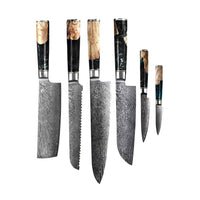 Shinrai Japan - Epoxy Onyx 6-delige Damascus Messenset + Magnetisch Messenblok Dubbelzijdig - Zwart Messenset met blok Shinrai Japan