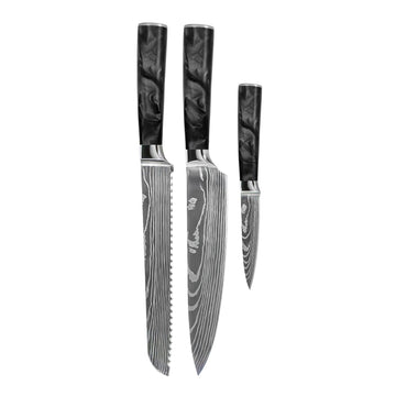 Shinrai Knives - Damascus Print Epoxy Onyx 3-delige Messenset - Koksmes + Broodmes + Schilmes Messenset Shinrai Knives
