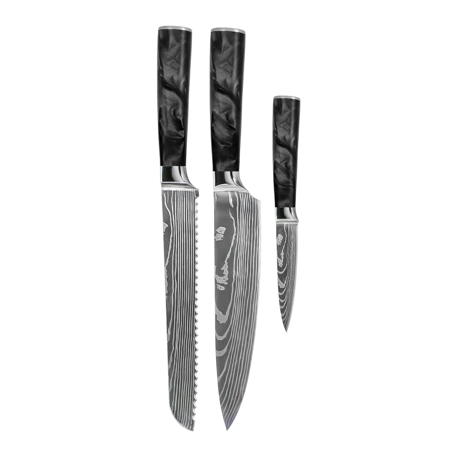 Shinrai Knives - Damascus Print Epoxy Onyx 3-delige Messenset - Koksmes + Broodmes + Schilmes Messenset Shinrai Knives