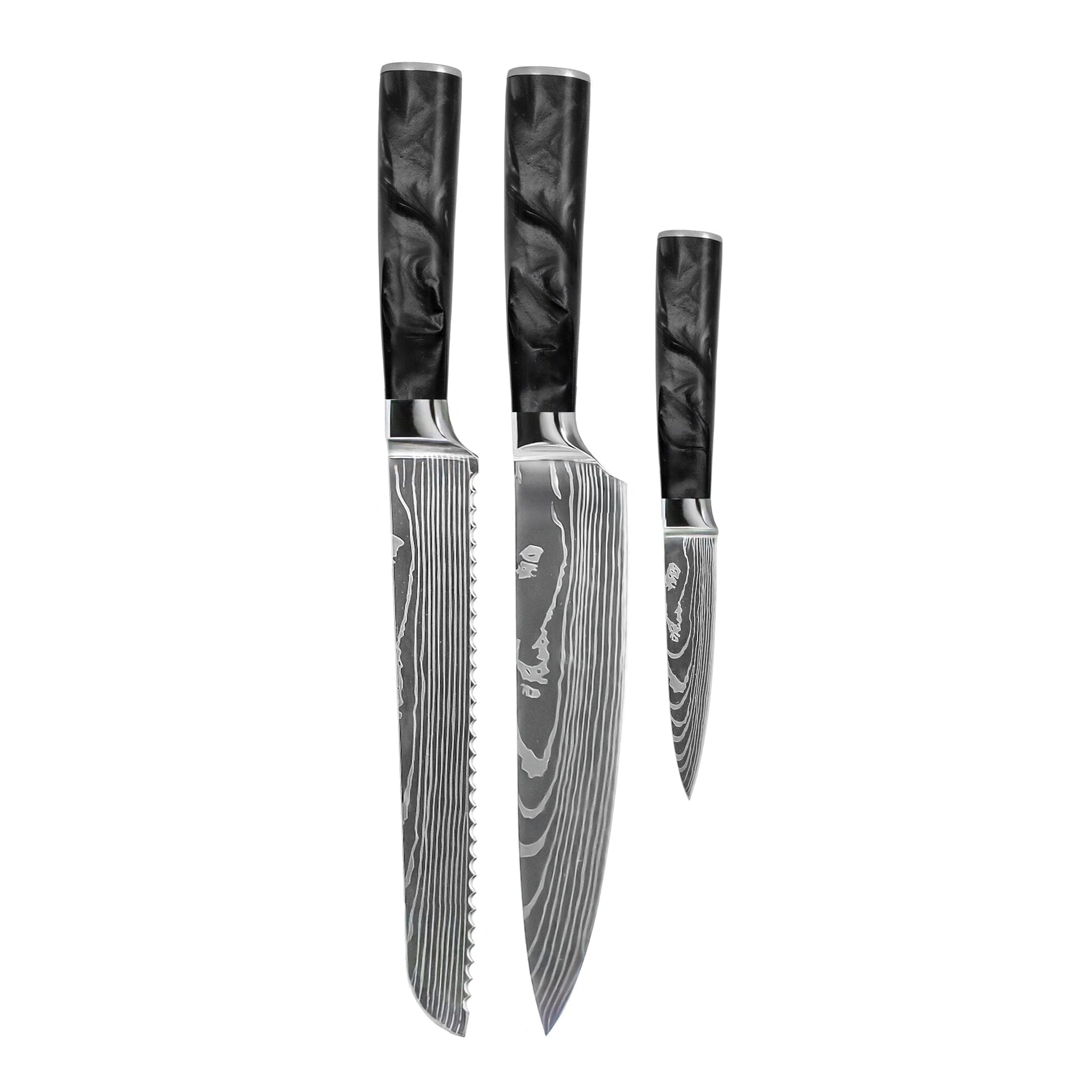 Shinrai Knives - Damascus Print Epoxy Onyx 3-delige Messenset - Koksmes + Broodmes + Schilmes Messenset Shinrai Knives