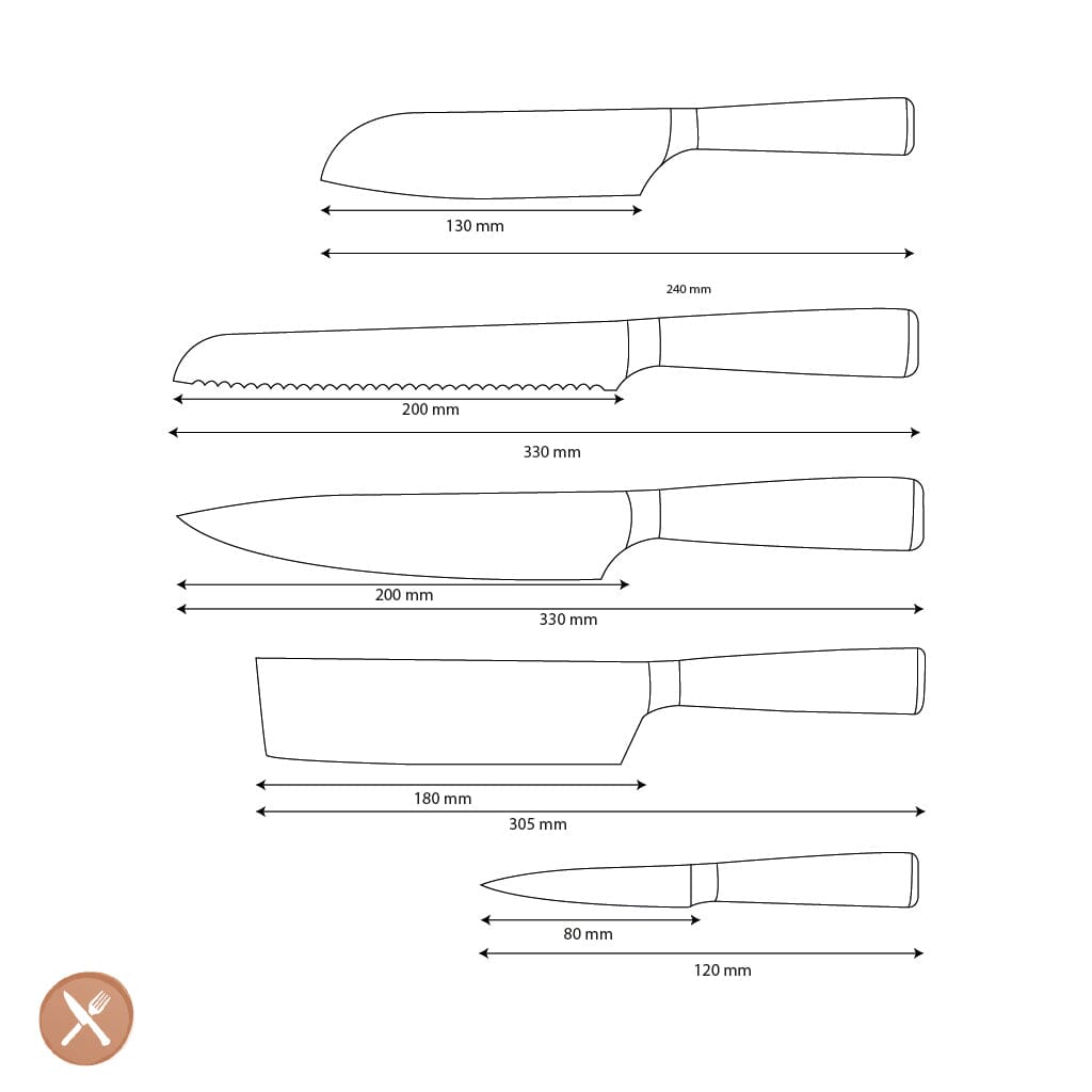 Shinrai Knives - Damascus Print Epoxy Onyx 5-delige Messenset - Koksmes + Broodmes + Nakiri + Kleine Santoku + Schilmes Messenset Shinrai Knives