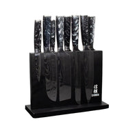 Couteaux Shinrai - Coffret de 9 couteaux en résine époxy onyx à motif damassé + bloc magnétique double face - Coffret de couteaux noirs avec bloc Shinrai