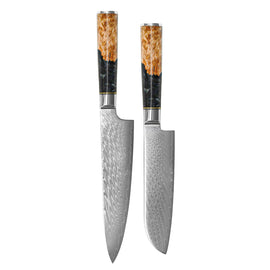 Shinrai Knives - Epoxy Onyx 2-delige Damascus Messenset - Koksmes + Santoku mes Shinrai Knives - Epoxy Onyx 2-delige Damascus Messenset - Koksmes + Santoku mes Messenset Shinrai Knives