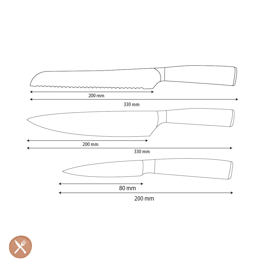 Shinrai Knives - Hammered RVS 3-delige Messenset - Koksmes + Broodmes + Schilmes Messenset Shinrai Knives