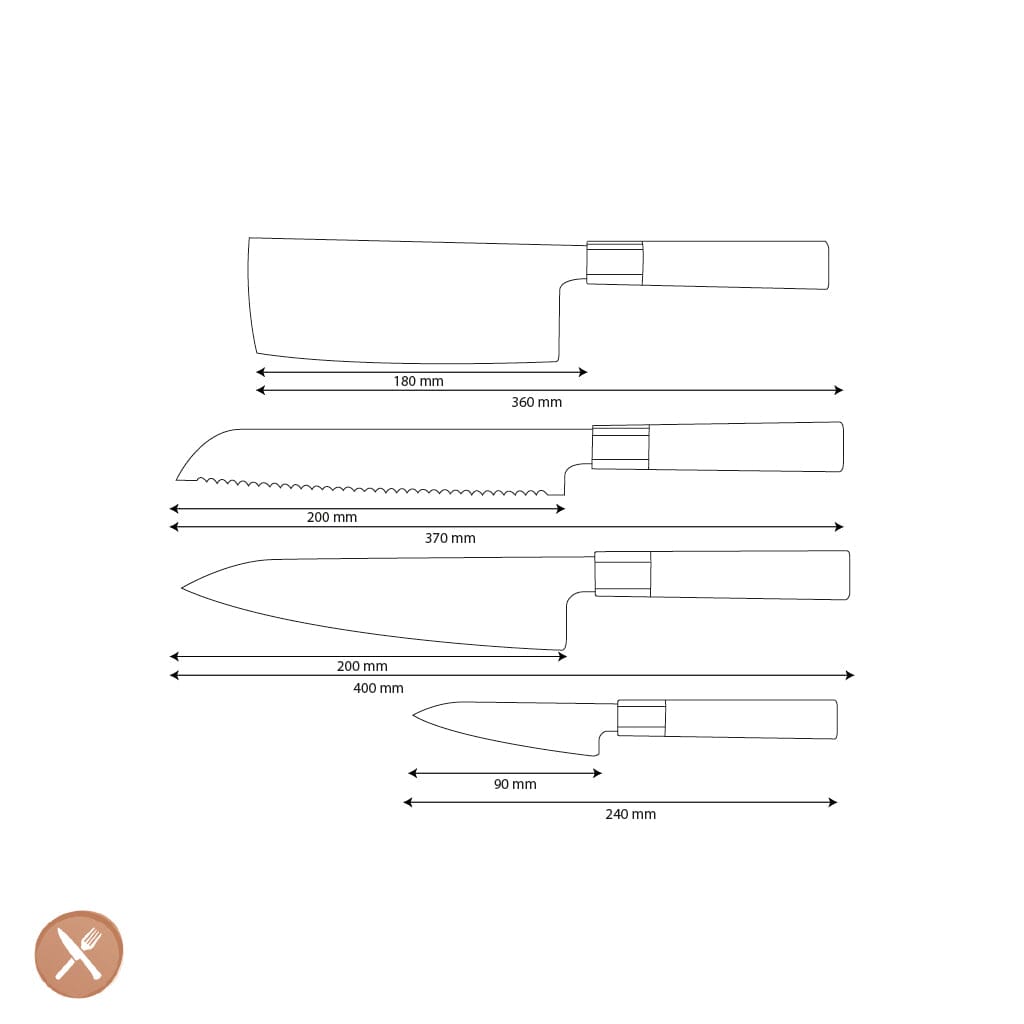 Shinrai Knives - Kurayami 4-delige Damascus Messenset - Koksmes + Broodmes + Nakiri + Schilmes Messenset Shinrai Knives