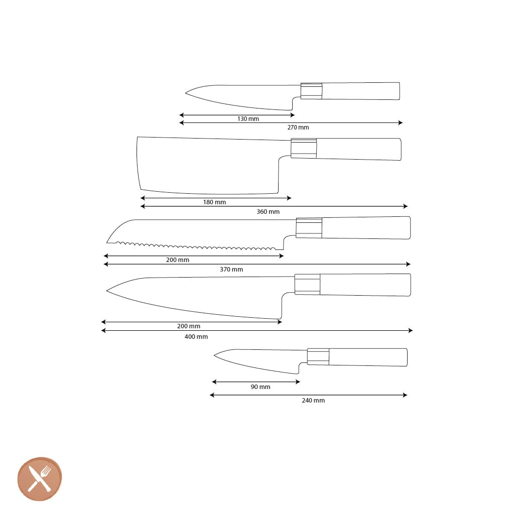 Shinrai Knives - Kurayami 5-delige Damascus Messenset - Koksmes + Broodmes + Nakiri + Officemes + Schilmes Messenset Shinrai Knives