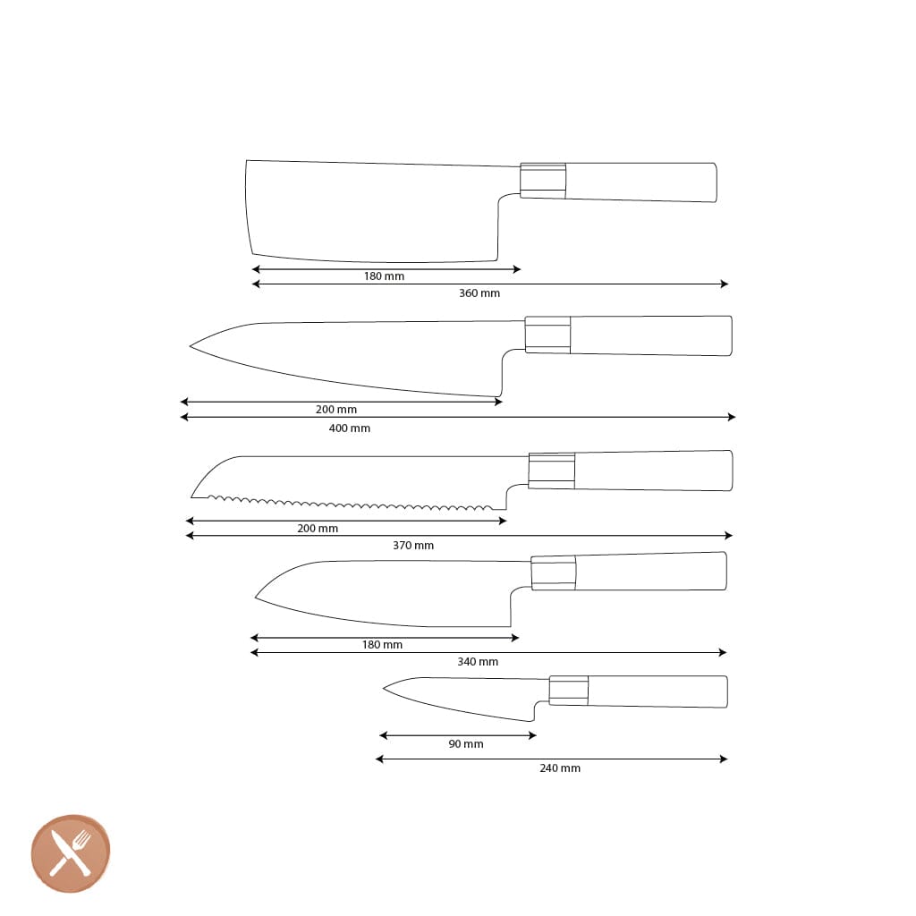 Shinrai Knives - Kurayami 5-delige Damascus Messenset - Koksmes + Broodmes + Nakiri + Santoku + Schilmes Messenset Shinrai Knives