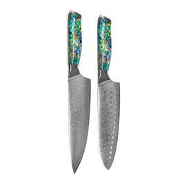 Shinrai Knives - Parelmoer Jewels 2-delige Damascus Messenset - Koksmes + Santoku mes Shinrai Knives - Parelmoer Jewels 2-delige Damascus Messenset - Koksmes + Santoku mes Messenset Shinrai Knives