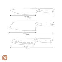 Couteaux Shinrai - Coffret de 3 couteaux damas ornés de nacre - Couteau de chef + Nakiri + Santoku