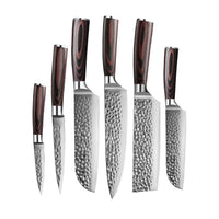 Hammered RVS 6-delige Messenset + Acacia houder dubbelzijdig Messensets Shinrai Japan