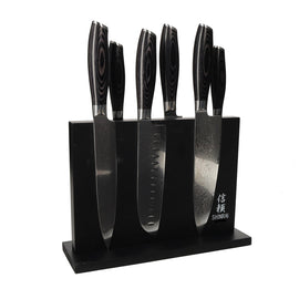 Shinrai Knives - Damast Pakka Wood 6-delige Messenset + Magnetisch Messenblok Dubbelzijdig - Zwart
