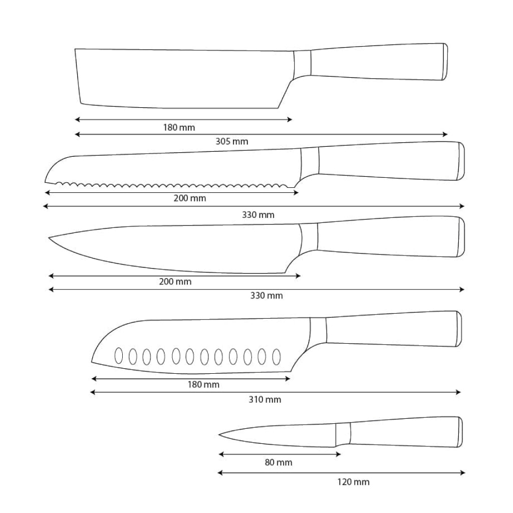 Shinrai Knives - Damascus Print 5-delige Messenset - Koksmes + Broodmes + Nakiri + Santoku + Schilmes