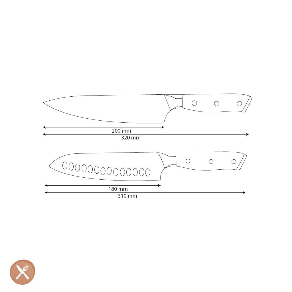 Shinrai Knives - Parelmoer Jewels 2-delige Damascus Messenset - Koksmes + Santoku mes