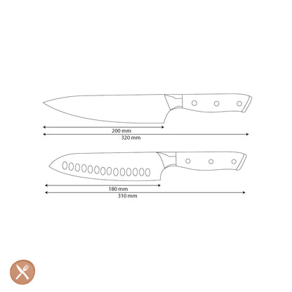 Shinrai Knives - Parelmoer Jewels 2-delige Damascus Messenset - Koksmes + Santoku mes