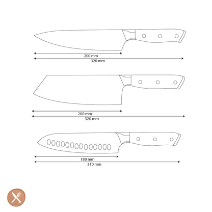 Shinrai Knives - Parelmoer Jewels 3-delige Damascus Messenset - Koksmes + Nakiri + Santoku