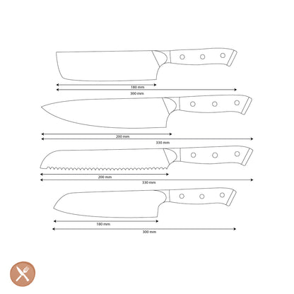 Shinrai Knives - Eclipse 4-delige Damascus Messenset - Koksmes + Nakiri + Santoku + Broodmes