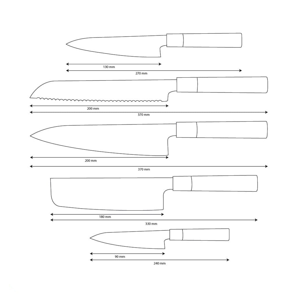 Shinrai Knives - Takumi Kaza 5-delige Damascus Messenset - Koksmes + Broodmes + Nakiri + Officemes + Schilmes