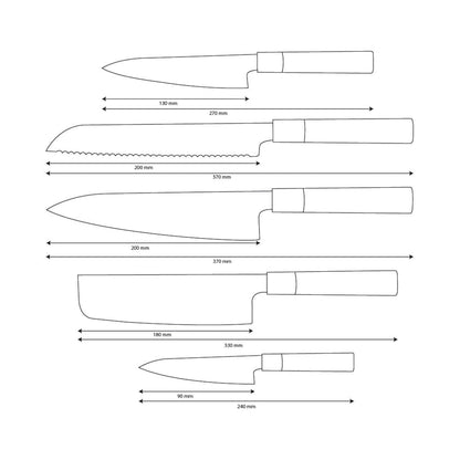 Shinrai Knives - Takumi Kaza 5-delige Damascus Messenset - Koksmes + Broodmes + Nakiri + Officemes + Schilmes