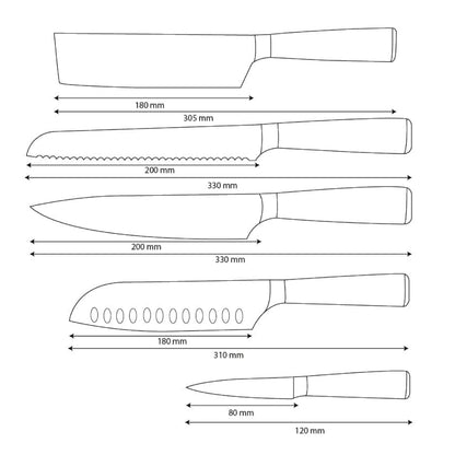Shinrai Knives - Damascus Print Epoxy Onyx 5-delige Messenset - Koksmes + Broodmes + Nakiri + Santoku + Schilmes