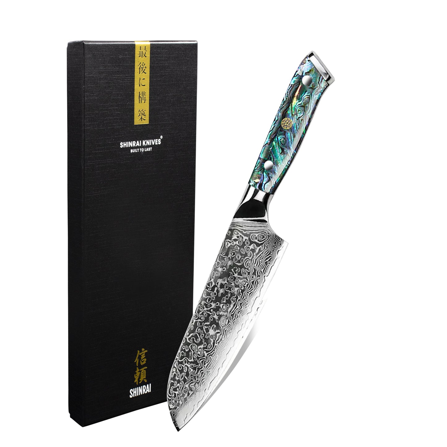 Shinrai Knives - Parelmoer Jewels Damascus Santoku mes 18 cm