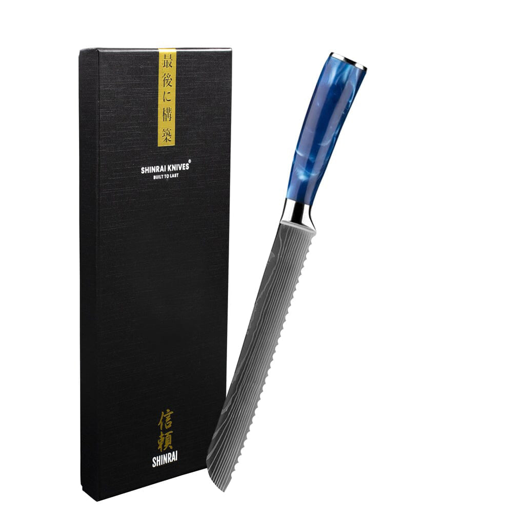 Shinrai Knives - Damascus Print Epoxy Sapphire Broodmes 20 cm