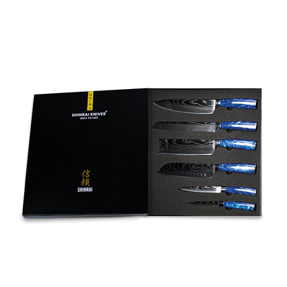 Shinrai Knives - Epoxy Sapphire Damascus Print 6-delige Messenset + Magnetisch Messenblok Scalae - Acacia hout