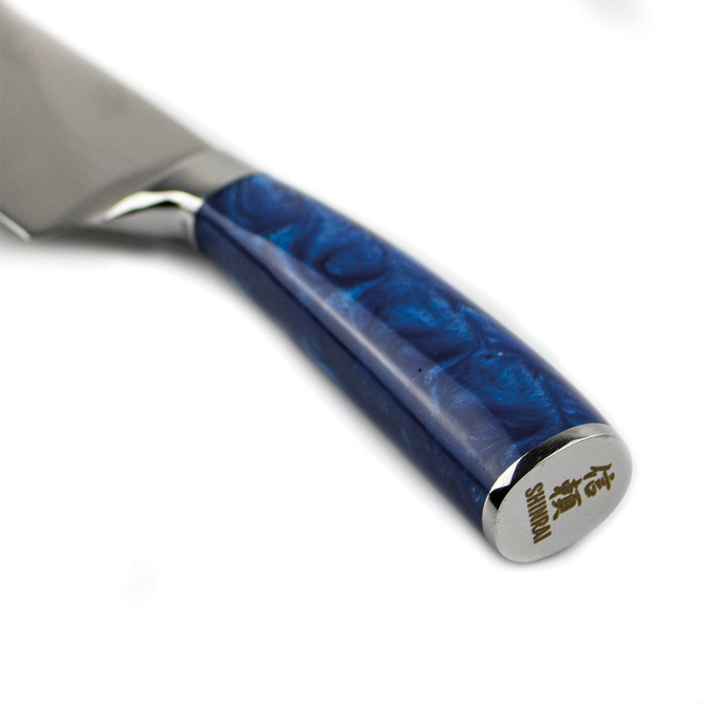 Shinrai Knives - Epoxy Sapphire Damascus Print 6-delige Messenset + Magnetisch Messenblok Scalae - Acacia hout