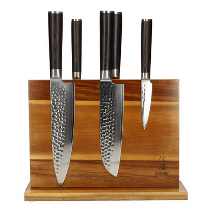 Shinrai Japan - Ensemble de couteaux 5 pièces Hammered Damask BR + bloc de couteaux magnétique