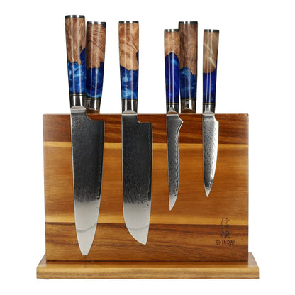 Shinrai Japan - Ensemble de couteaux Damas 6 pièces Epoxy Sapphire + bloc de couteaux magnétique