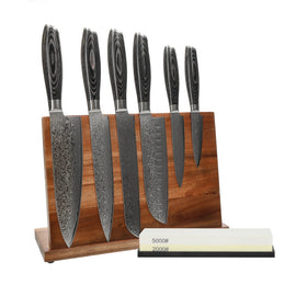Shinrai Knives - Damast Pakka Wood 6-delige Messenset + Messenblok + Slijpsteen