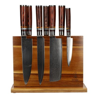 Shinrai Knives - Micarta Jewels 7-delige Damascus Messenset + Magnetisch Messenblok Dubbelzijdig