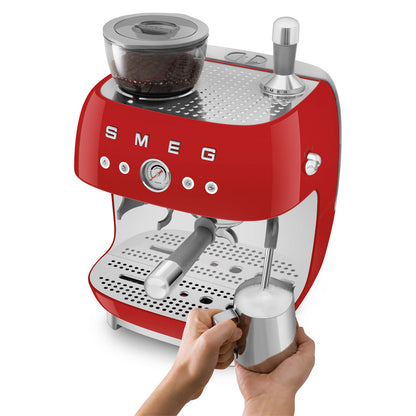 Smeg - Espressomachine | Rood | Jaren 50 | Handmatige espressomachine met geïntegreerde bonenmaler