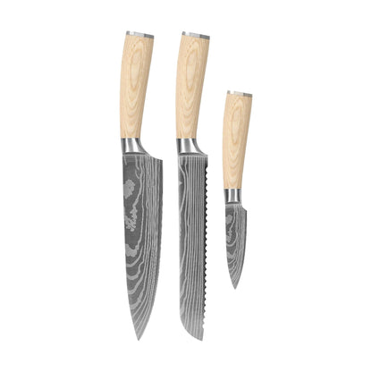 Shinrai Knives - Akari Damascus Print 3-delige set - Koksmes + Broodmes + Schilmes