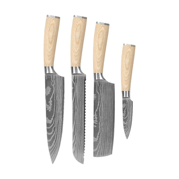 Shinrai Knives - Akari Damascus Print 4-delige set - Koksmes + Broodmes + Nakiri + Schilmes