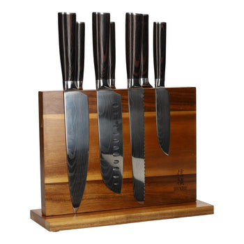 Coffret de 7 couteaux à motif damassé + bloc magnétique pour couteaux Shinrai
