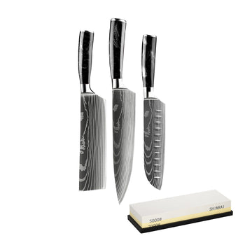 Coffret de 3 couteaux en époxy onyx damassé - Offre spéciale : Coffret XL avec pierre à aiguiser - Couteaux Shinrai