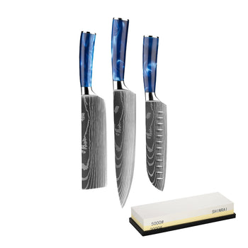 Ensemble de 3 couteaux en époxy saphir - Offre combinée XL avec pierre à aiguiser - Couteaux Shinrai