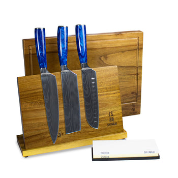 Ensemble de 3 couteaux en résine époxy saphir - Offre combinée XXXL - Ensemble de couteaux avec bloc, planche à découper et pierre à aiguiser - Couteaux Shinrai 