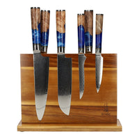 Ensemble de 6 couteaux en acier damassé époxy saphir + bloc magnétique Shinrai