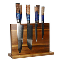 Ensemble de 6 couteaux en acier damassé époxy saphir + bloc magnétique Shinrai
