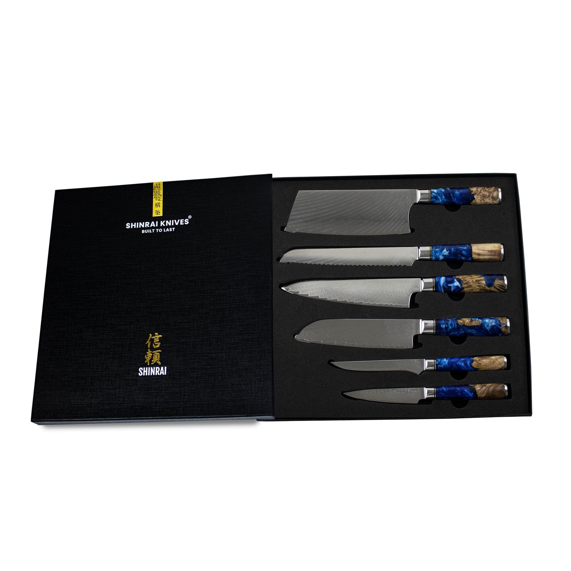 Epoxy Sapphire 6-delige Messenset + Magnetisch Messenblok Messenset met blok Shinrai Knives 