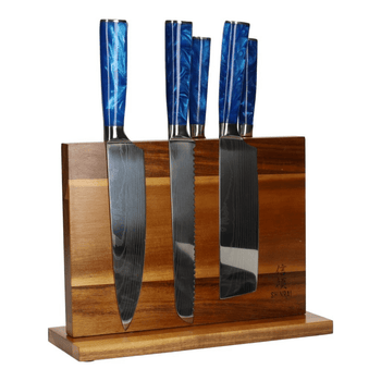 Coffret de 6 couteaux Shinrai en acier damassé saphir époxy + étui double face en acacia avec bloc
