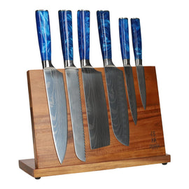 Epoxy Sapphire Damascus Print 6-Delige Messenset + Acacia houder enkelzijdig Messenset met blok Shinrai Japan 