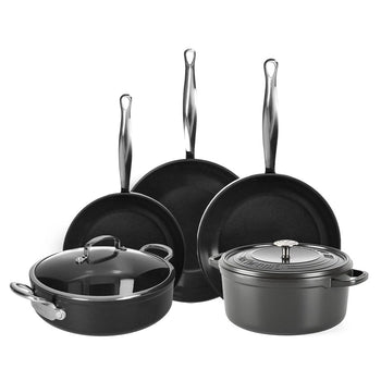 Batterie de cuisine GreenPan - Barcelona Pro XL 6 pièces (20/28/30/28/28 cm) : 2 poêles à frire, 1 cocotte avec couvercle, 1 wok et 1 plat à gratin.